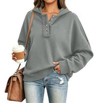 Women's Color Button-Up Hoodie with Collar, Long Sleeve Casual Sweatshirt for Everyday Wear L gray