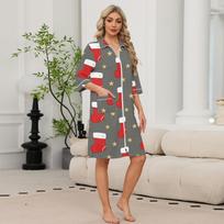 Women's Casual Zip-Up Robe with Christmas Print, 3/4 Sleeve, Knee Length, Lightweight Nightshirt with Two Pockets XXXL raudona