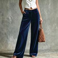 Women's Color Wide Leg Casual Pants with Pockets, Button and Elastic Waistband S tamsiai mėlyna spalva
