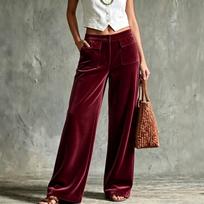Women's Color Wide Leg Casual Pants with Pockets, Button and Elastic Waistband XL raudona