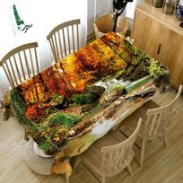 Sutirštinta medvilninė staltiesė Rudens miško raštas Upės kraštovaizdis Stačiakampė apvali staltiesė vestuvėms, iškylai, vakarėliui 60*120inch(152cm*300cm）