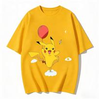 2026 New Cute Pikachu Balloon Print T Shirt Unisex Loose Casual Tee Kids Family Matching Short Sleeve Tops 120 yellow