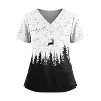 Women's Christmas Print V-Neck Short Sleeve Top with Pockets and Side Slit Work Uniform XL balta