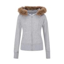 Hair collar removable gray hooded slim-fit sweater jacket women's top, autumn and winter fleece slim-fit long-sleeved top M gray