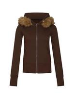 Hair collar removable gray hooded slim-fit sweater jacket women's top, autumn and winter fleece slim-fit long-sleeved top XXL brown
