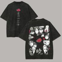 Akatsuki T Shirt Naruto Men Acid Wash Back Print Pain Itachi Anime Graphic Cotton Streetwear Red Cloud Vintage Bootleg Tee 2XL gray