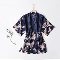 Women's Silk Satin Floral Kimono Robe - Short, Lightweight Summer Bathrobe One Size black