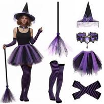 Witch Costume Set Women Halloween Cosplay Tutu Tulle Skirt With Broom Hat Accessory Purple Tulle 7-Piece Set black