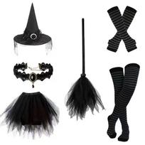 Witch Costume Set Women Halloween Cosplay Tutu Tulle Skirt With Broom Hat Accessory Black Tulle 7-Piece Set black