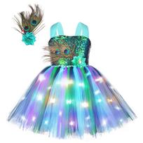 Peacock Sequined LED Feather Tutu Dress, Girls Dance Photography Animal Theme Performance Outfit S(2Y) blue