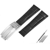 Krokodilo rašto tikros odos laikrodžių apyrankės 20 mm, skirtos Rolex laikrodžio dirželiui Daytona Submariner GMT RX apyrankės sulankstoma sagtis Black-silver  20mm With logo black