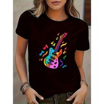 Women's Vibrant American Guitar Print Tee Musical Notes Casual Short Sleeve Crew Neck Top 4XL juoda