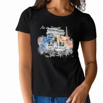 Artistic Womens Short Sleeve T Shirt Arc de Triomphe Design with Colorful Splash Art for a Parisian inspired Summer Look S juoda