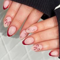 24Pcs Medium Almond Cherry Red Press On Nails With Bow Rhinestones Reusable Full Cover False Nail Tips brown