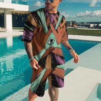 Summer 3d Irregular Trendy Casual Digital Print Round Neck Men's Casual Loose Shorts Short Sleeve T-Shirt Set M brown