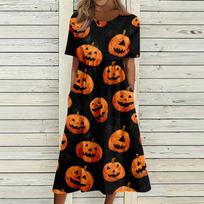 Women Casual Halloween Print Dress Short Sleeve Round Neck Pocket Midi Dress Loose Fit Comfortable Everyday Wear XL geltona