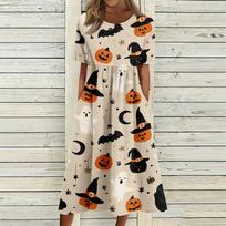 Women Casual Halloween Print Dress Short Sleeve Round Neck Pocket Midi Dress Loose Fit Comfortable Everyday Wear S chaki