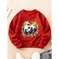 Kids Crewneck Sweatshirt, Healing Fun Forest Panda Hugging Branch Print Long Sleeve Top for Autumn Winter 170 raudona