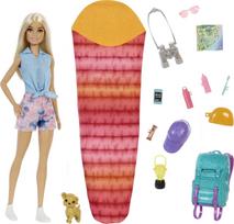 Barbie It Takes Two Camping Doll in with Pet Sleeping Bag 10 Camping Gift for 3 to 7 Year Olds “Malibu” (11.5 Blonde) Puppy, Backpack, & Accessories, brown