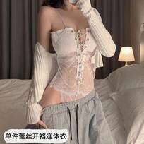 Sexy Lace Suspender Spice Girl Perspective Pure Desire Inside Fun Lingerie Gathering Vest Fishbone Female Straps Conjoined one size fits all 40-60kg beige