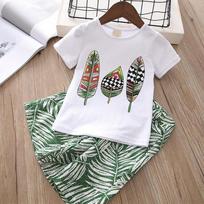 Kids Girls Suit Short Sleeve Printed T-shirt Tropical Rainforest Style Loose Wide Leg Pants Casual Outfit 120 žalia