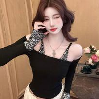 Women's Spicy French Sequin Patchwork Off-Shoulder Slim Fit Long Sleeve Top Large juoda