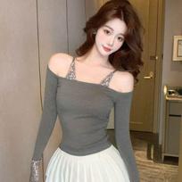 Women's Spicy French Sequin Patchwork Off-Shoulder Slim Fit Long Sleeve Top Extra Large pilka spalva