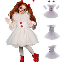 Pennywise kostiumas vaikams mergaitėms, Helovino klounas IT Cosplay tiulio suknelės su pirštinėmis ir raudonu segtuku, Vaikų karnavaliniai drabužiai 9-10 Years gray