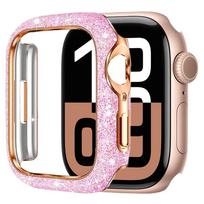 Moterų kristalinis deimantinis dėklas Apple Watch 11 10 46mm 42mm ekrano stiklo apsauginiam korpusui iWatch 9 8 7 6 5 SE 45mm 41mm 44mm 40mm Series 7 8 9 41mm rožinė