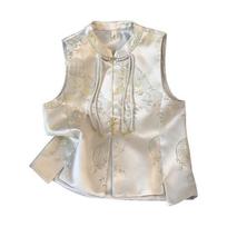 Fashion Vest Vintage Small Crew Neck Button Embroidered Top Vest Cardigan Women 3XL (recommended 138-75kg) white