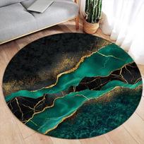 Abstraktaus marmuro apvalus kilimas – Žalio rašalo ir auksinės linijos dizainas – Modernus prabangus kilimas svetainei ar miegamajam, minkštas grindų kilimėlis Diameter 90cm(35in) black