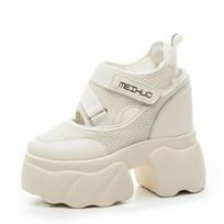 12CM Women Summer Air Mesh Chunky Sneaker Slides Sandals Platform Wedge Microfiber Shoes Mules Shoes Hollow Platform Wedge 2025 36 smėlis
