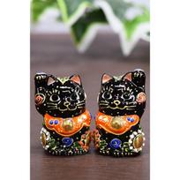 Kutani ware chibi maneki-neko black mori pair black-PF black