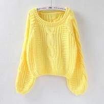 Korean Style Cable Knit Cropped Lantern Sleeve Pullover for Women Large geltona