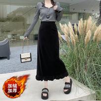 After autumn and winter, open-ended fungus lace velvet skirt, long women's super good-looking straight stacked wear velvet thickened winter skirt 3XL gray