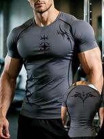 Mens Navy Blue Compression Short Sleeve T-Shirt Tribal Tattoo Star Graphic Slim Fit Gym Workout And MMA Bodybuilding Athletic Top 3XL pilka spalva