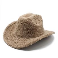 Plush Western Cowboy Hat Woolen Hat Men'S And Women'S Top Hats Big Eaves Thermal Felt Hat M（56-58cm） chaki