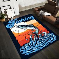 Dekoratyvinis kilimas žvejybos tema su šokančių žuvų ir bangų dizainu, tinkamas naudoti kaip neslystantis kilimėlis svetainės, miegamojo sofoms 40x60cm( 15x23in ) white