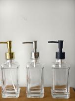 Refillable 300ml Square Glass Soap and Hand Sanitizer Dispenser Bottle. ABS gold small pump head (excluding bottle) white