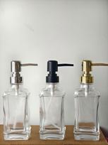 Refillable 300ml Square Glass Soap and Hand Sanitizer Dispenser Bottle. ABS silver round pump head (excluding bottle)
