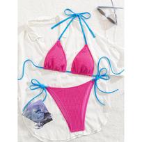 Sexy Hot Pink Patchwork Micro Bikini Women Halter Push Up Bra Tie Side Thong Swimsuit Beach Bathing Suit Vacation Swimwear XL rožinė