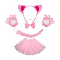 Katės kostiumo rinkinys su galvos juosta, uodega, peteliške, pirštinėmis, sijonu. Helovino Katytės persirengimo apranga vaikams, moterims, mergaitėms. Kalėdos pink