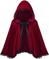 Elegantiškas raudono aksomo su gobtuvu apsiaustas moterims su raukiniais nėriniais ir banguotais kraštais visais metų laikais Burgundy Black,80CM/31.50in black