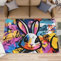Vibrant Graffiti Bunny Rabbit Area Rug Multicolor Street Art Hip Hop Print Carpet Trendy Non-Slip Indoor Mat for Game Room 43X120CM white