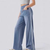 Women's Retro Side Stripe Baggy Wide Leg Jeans, Trendy Double Stripe Long Denim Pants for Casual Street S gray