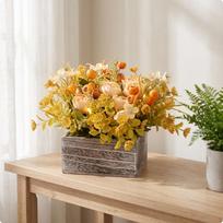 Gėlių kompozicija su medine dėže-augalų dėtuve Rustic dirbtinės gėlės sodybos stiliaus Autumn Peony Berry