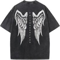 Vintažiniai skalbti angelo sparnų marškinėliai su raidėmis, inspiruojantys grafiniai marškinėliai YK Streetwear, apvalia iškirpte, laisvalaikio, trumpomis rankovėmis, vyrams, moterims S gray