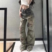Vintage Y2K Grunge 2000s Baggy Denim Trouser Casual Minimalist Damage Pants Street Retro High Waist Women Distressed Jeans XXL gray