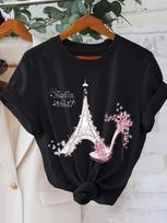 Vibrant Eiffel Tower Graphic Tee Casual Short Sleeve Crew Neck Top for Spring & Summer with Comfortable 4XL black