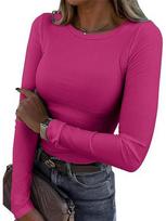 2024 Women's Long-Sleeve Ribbed Crew Neck Slim-Fit T-Shirt XL fuksija